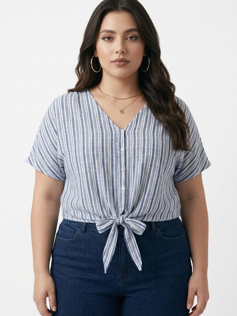 UNIVERSAL THREAD | Striped Blue White Tie-Front V-Neck Button Top Women’s Size L